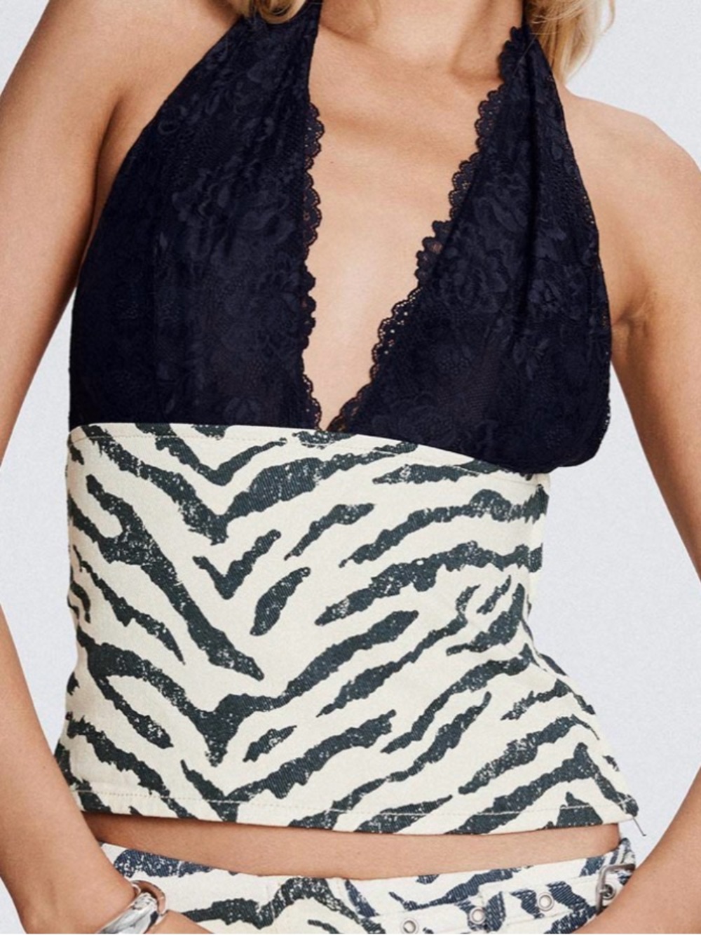 Princess Polly Black Lace Halter Zebra Print Bustier Top